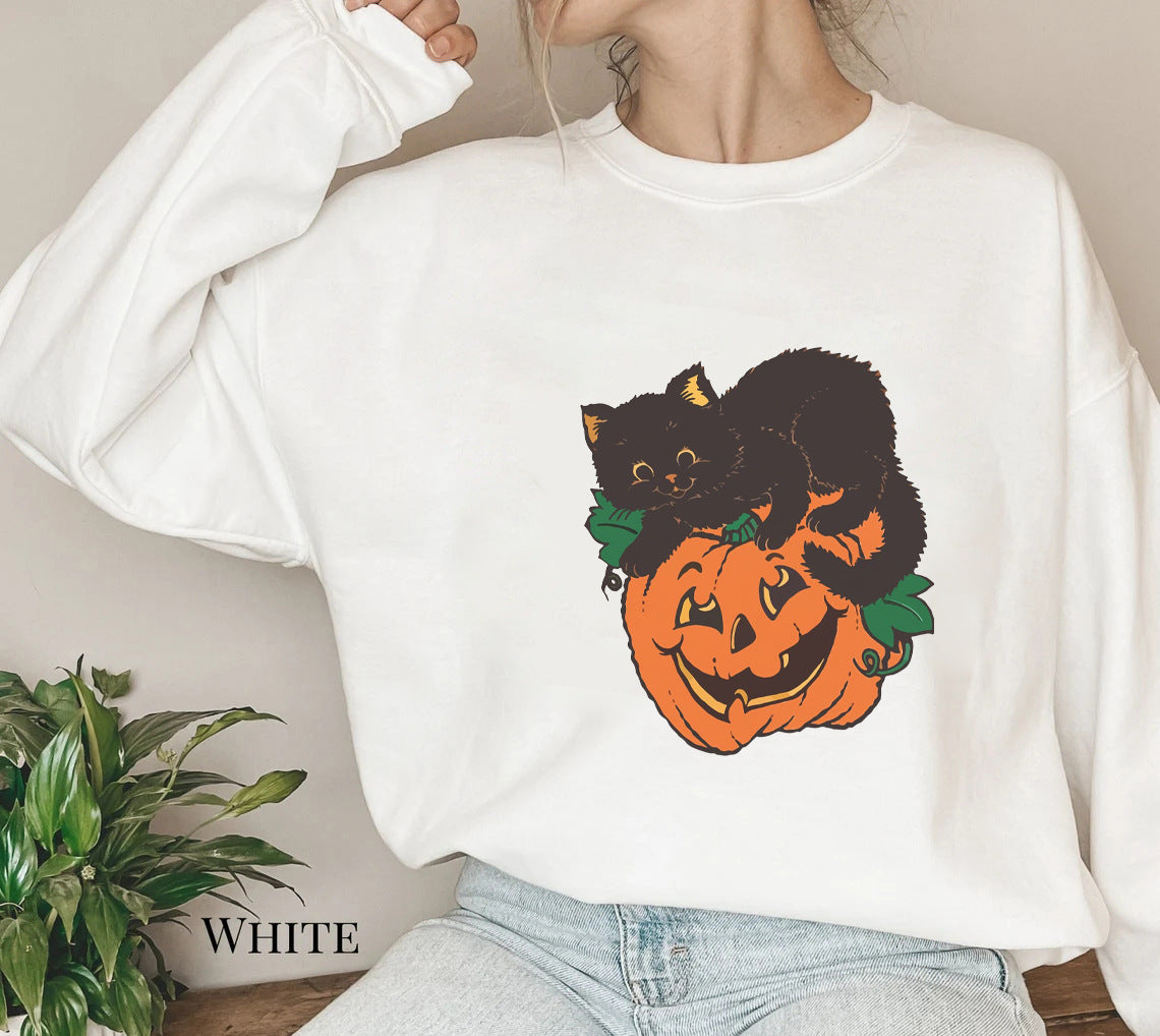 Women's Crew Neck Sweatshirt Halloween Pumpkin Cat