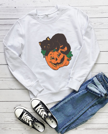 Women's Crew Neck Sweatshirt Halloween Pumpkin Cat