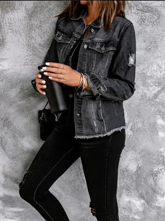 Women's Black Lapel Cardigan Denim Jacket