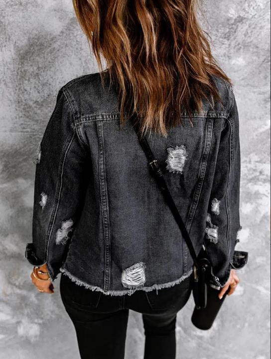 Women's Black Lapel Cardigan Denim Jacket