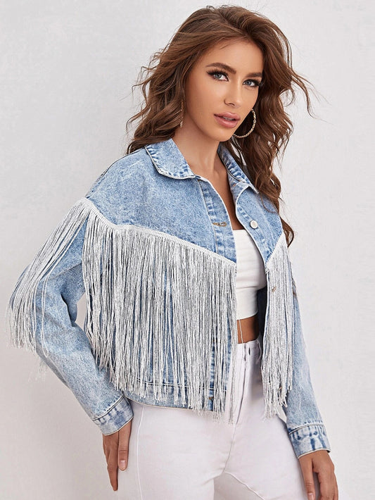 Women's Denim Long Sleeve Fringed Jacket