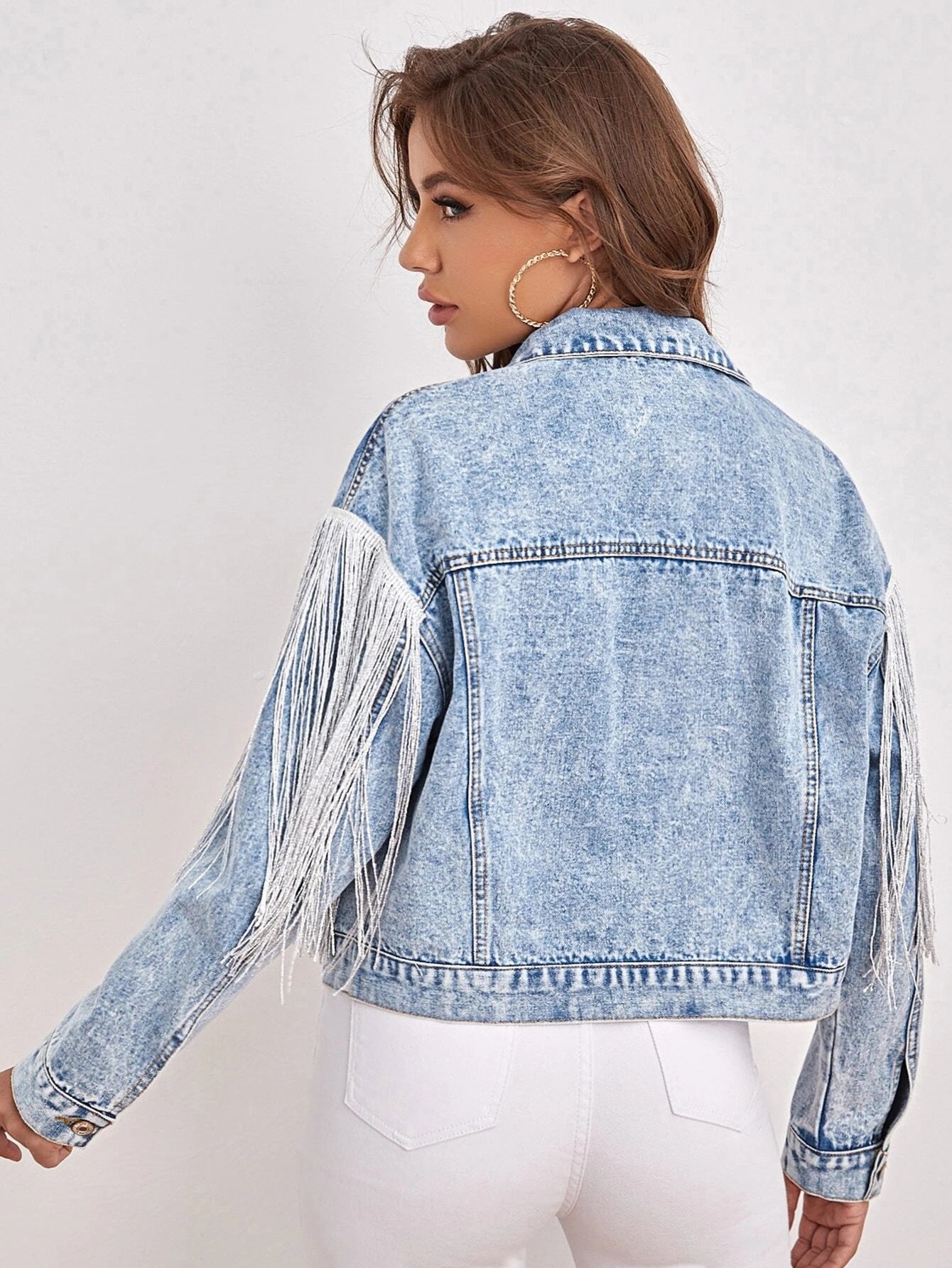 Women's Denim Long Sleeve Fringed Jacket