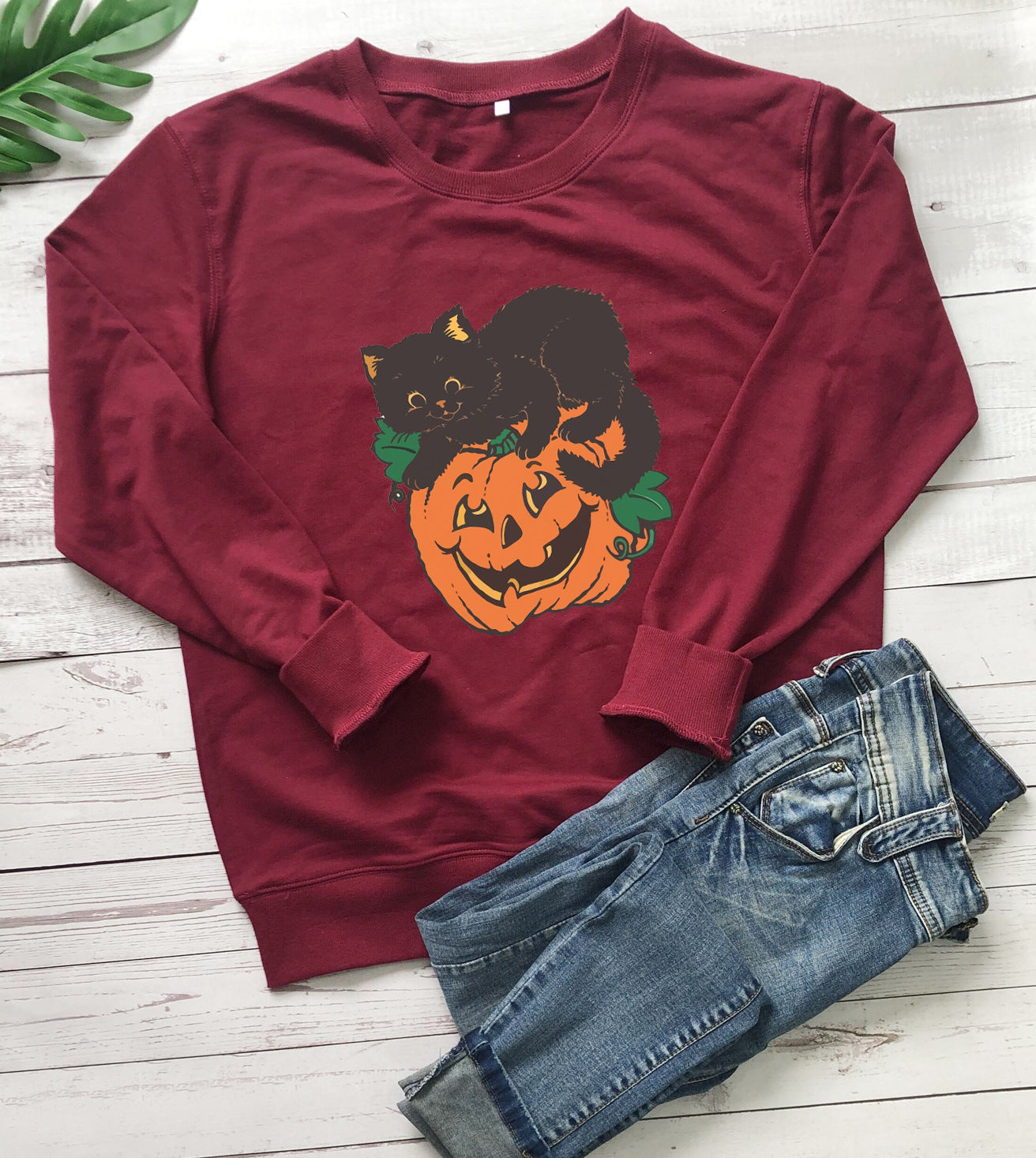 Women's Crew Neck Sweatshirt Halloween Pumpkin Cat