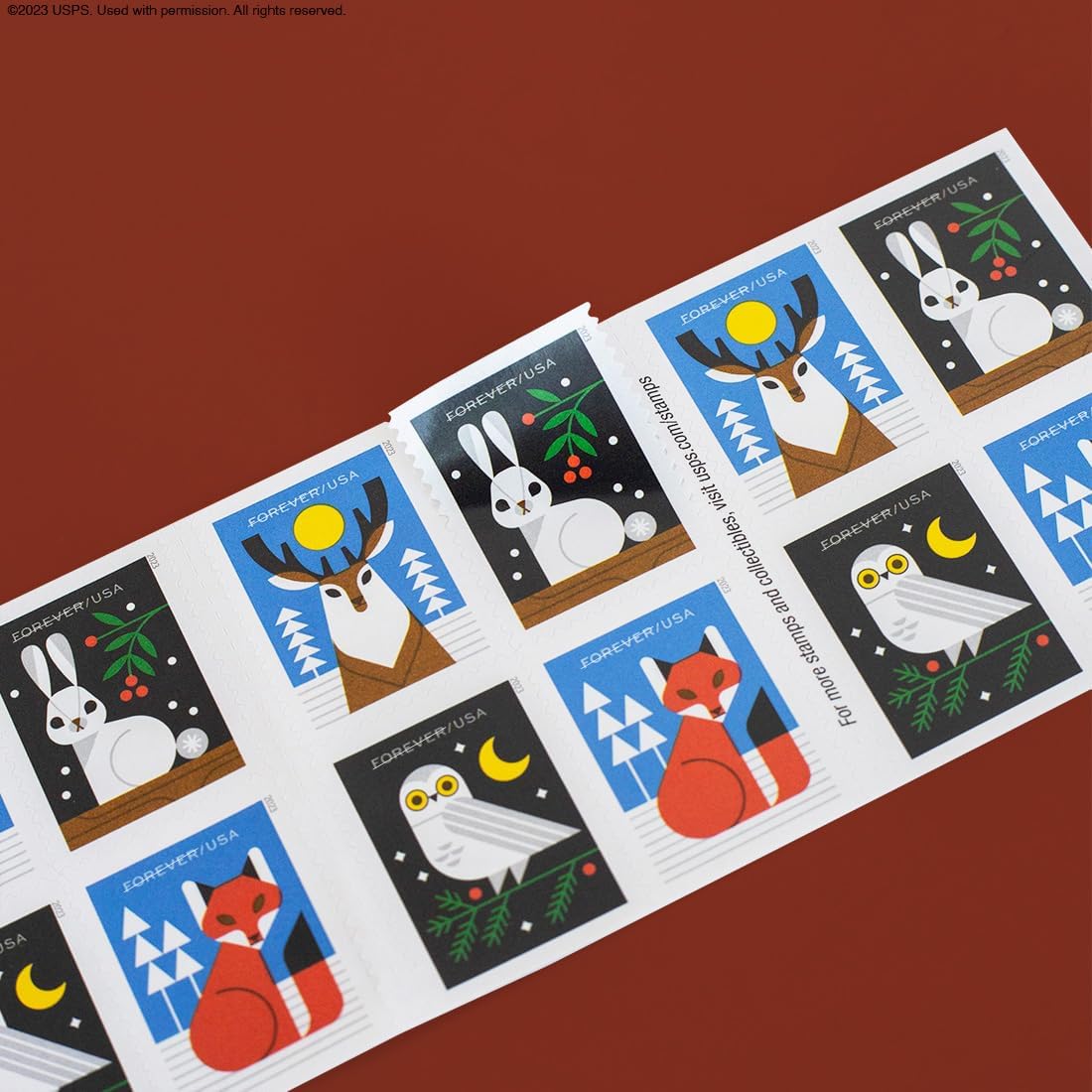 Winter Woodland Animals Forever Postage Stamps (a Deer, Fox, Rabbit, and Owl) 2023