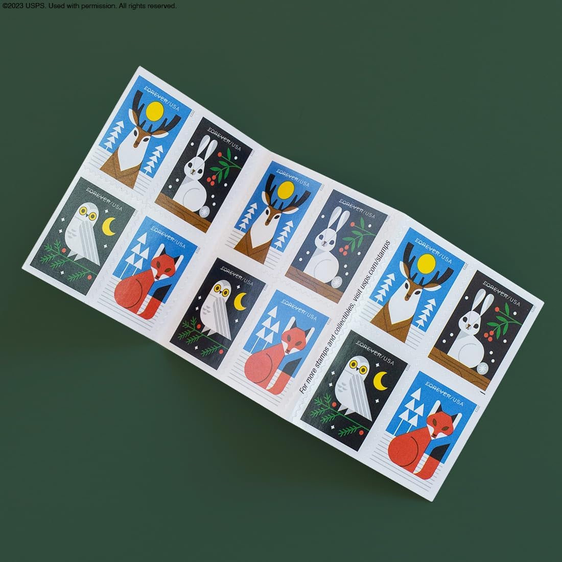 Winter Woodland Animals Forever Postage Stamps (a Deer, Fox, Rabbit, and Owl) 2023