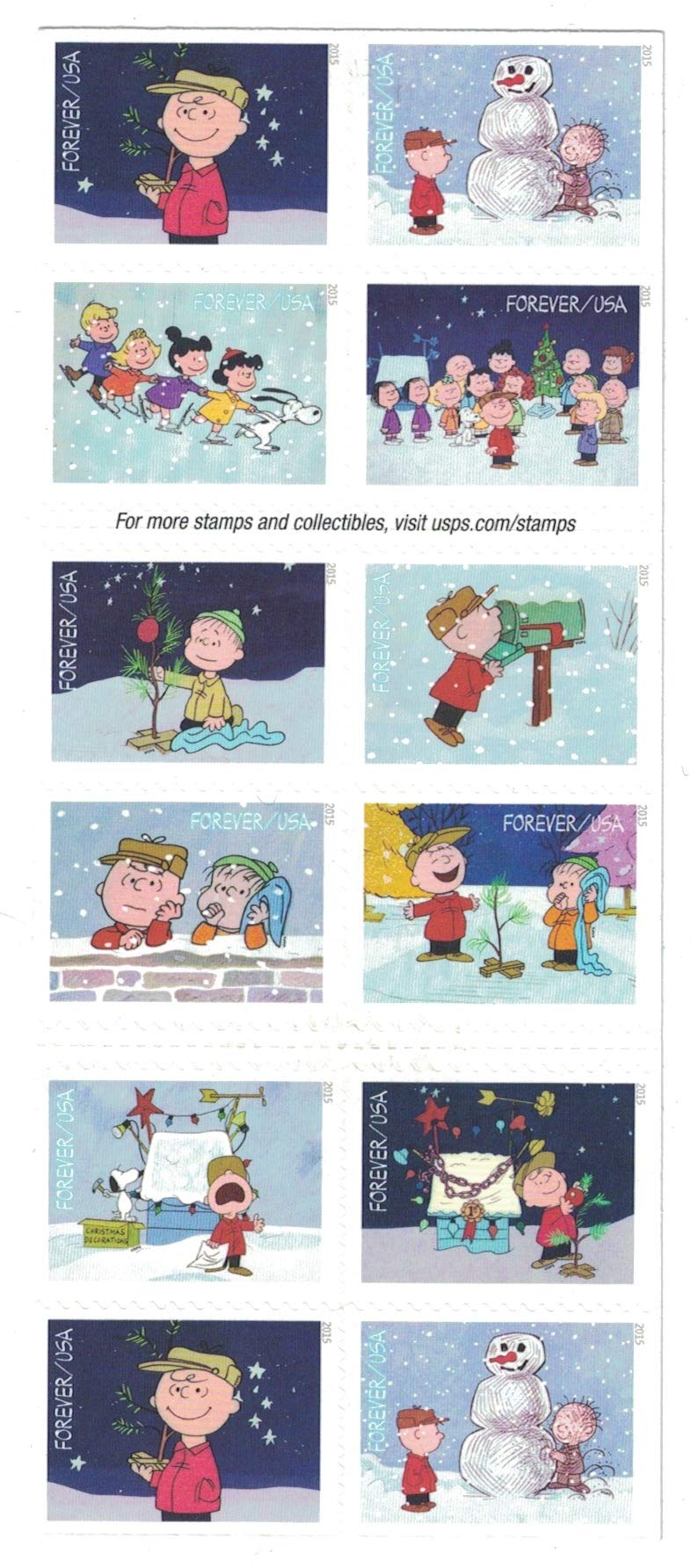 USPS Charlie Brown Xmas Pane of 20 Forever Postage Stamps