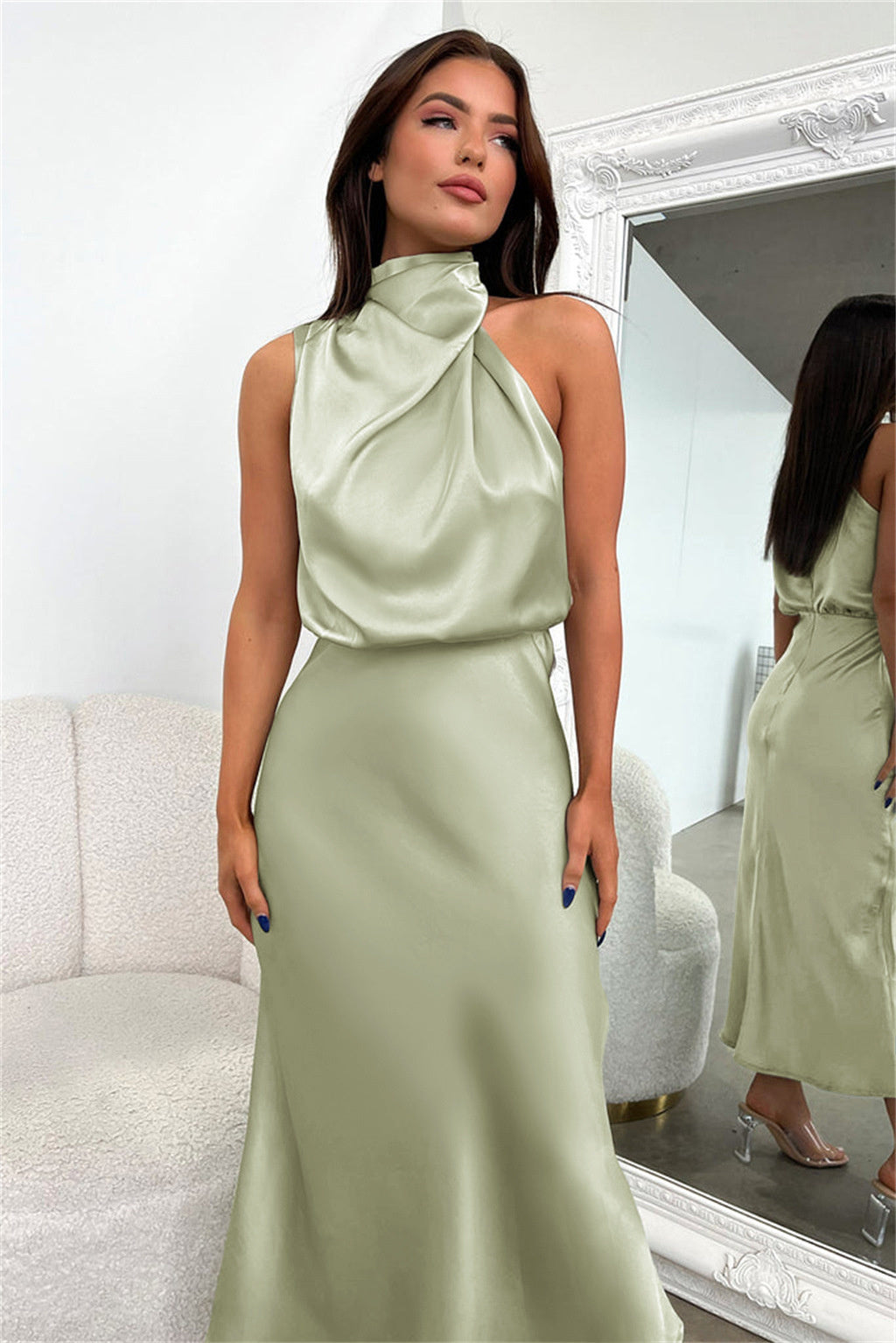 Women's Silk Turtleneck Sleeveless Midi Dress