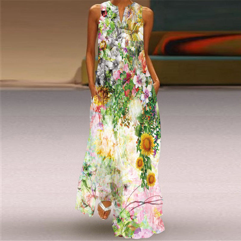 Women's Sleeveless Summer Floral Print Maxi Dress