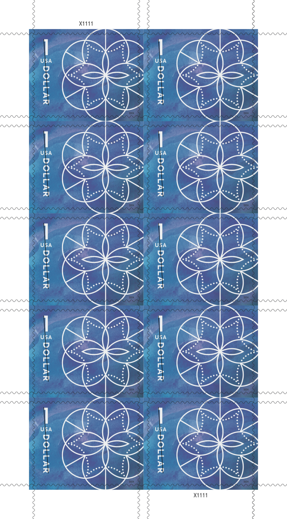2024 USA New Blue $1 Floral Geometry Sheet of 10 Stamps