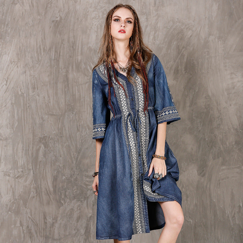 Women Western Denim Embroidery High Quality Dress
