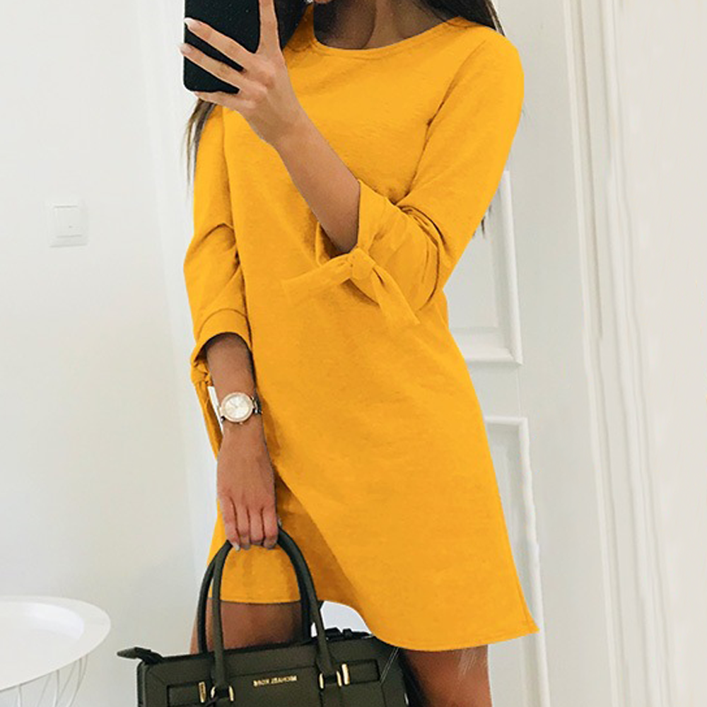 Spring, Summer, Autumn, European And American Solid Color Dress Casual Dress With Tie