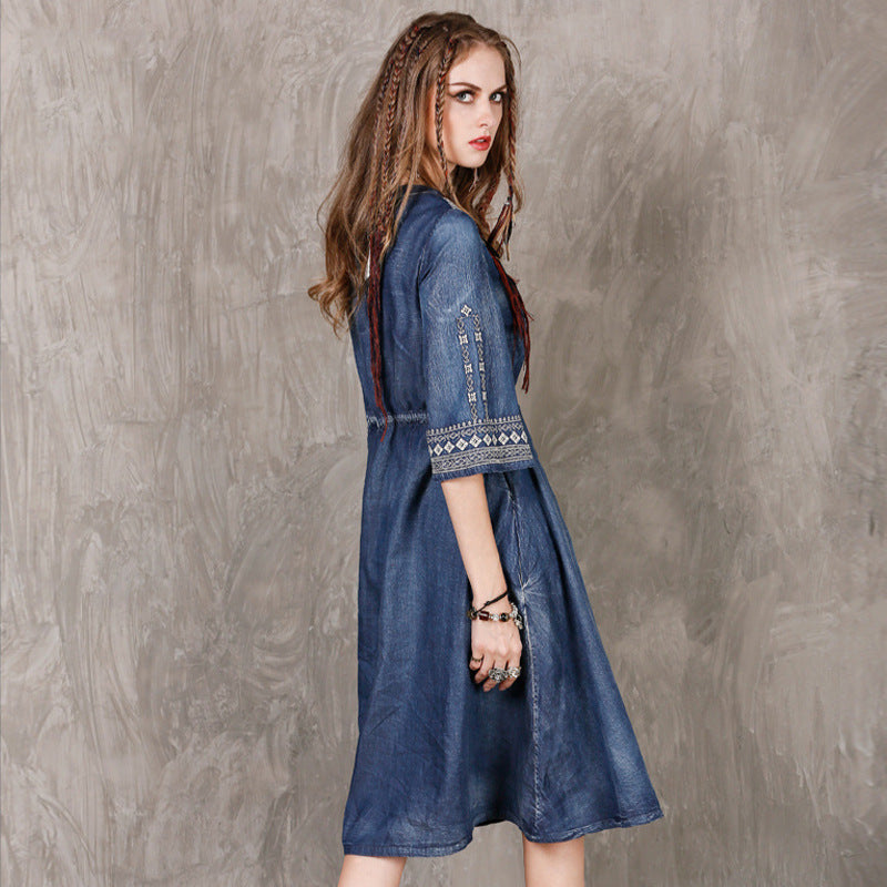 Women Western Denim Embroidery High Quality Dress