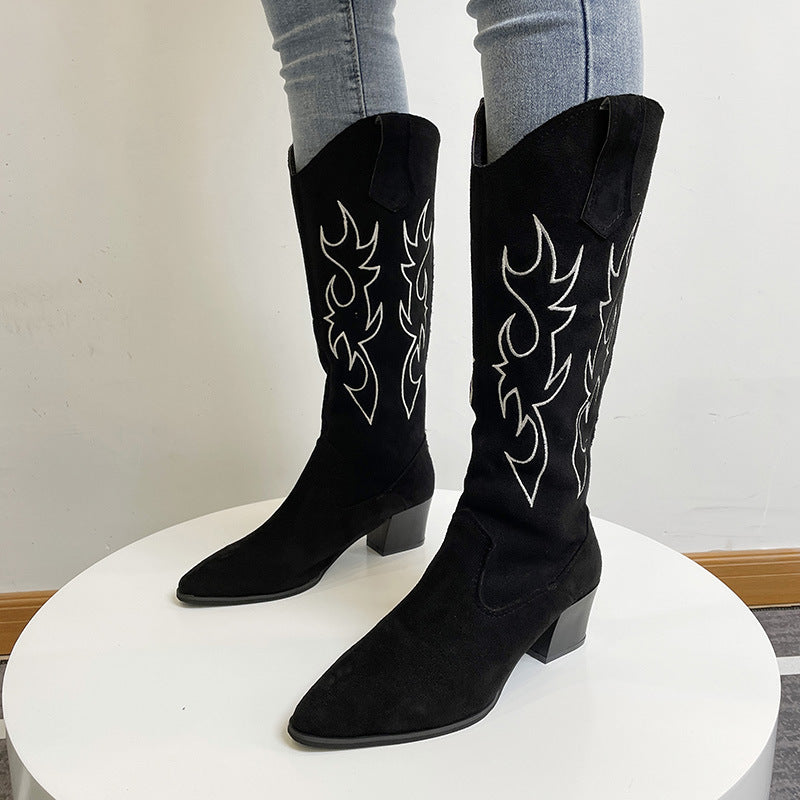 Woman Autumn Western Cowboy Flame Embroidery Boots