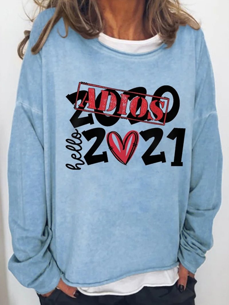 2021 Letter Print Vintage Round Neck T-Shirt Long Sleeve Tops