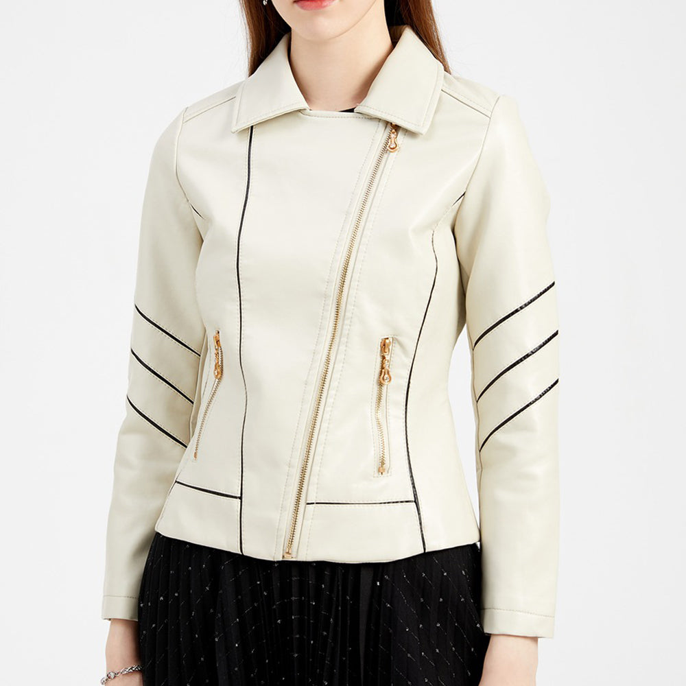Slim Fit Stand Collar Leather Jacket For Women
