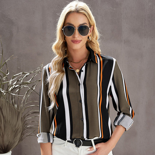 Women's T-shirt Stripe Design Lapel Single Breasted Long Sleeve Blouse