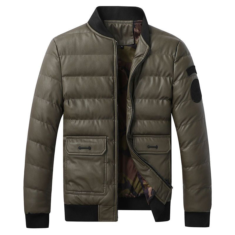 Men's PU Leather Stand Collar Winter Jacket
