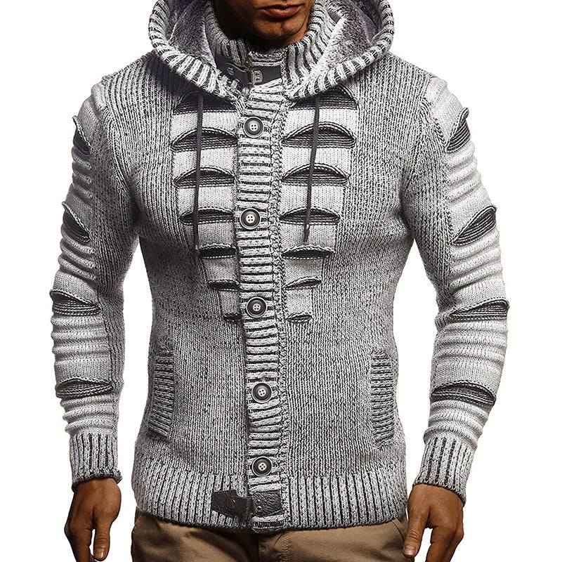 Men's Solid Color Ripped Hoodie Cardigan