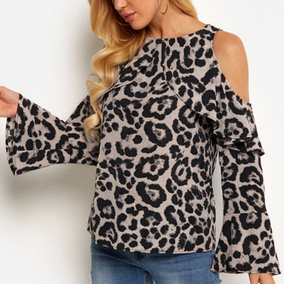 Women's Off Shoulder Long Sleeves Leopard Print Blouses