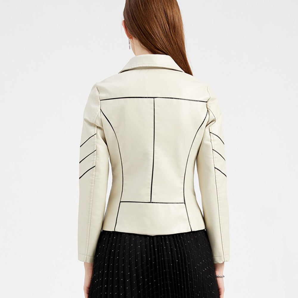 Slim Fit Stand Collar Leather Jacket For Women