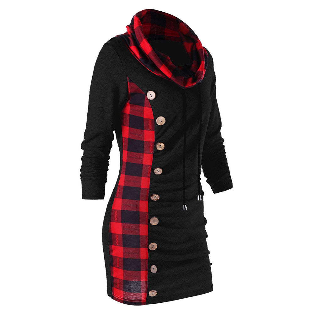 High-Neck Slim Plaid cCasual Dress Top