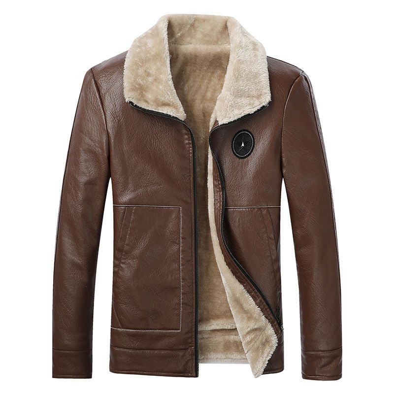 Men's Leather Lapel Plush Pocket Jacket