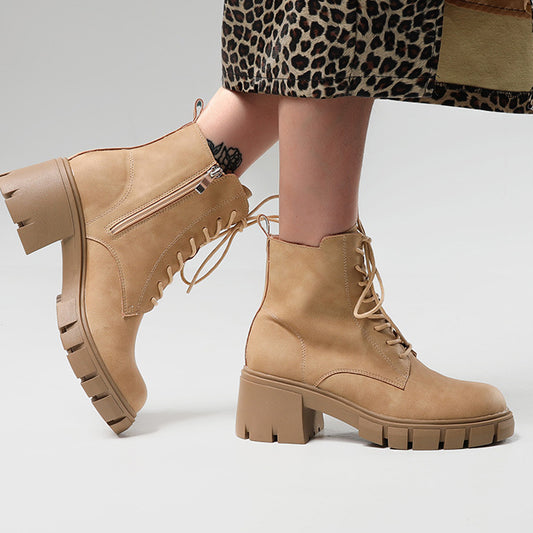 Women's Lace-Up High Heel Zip-Up Boots