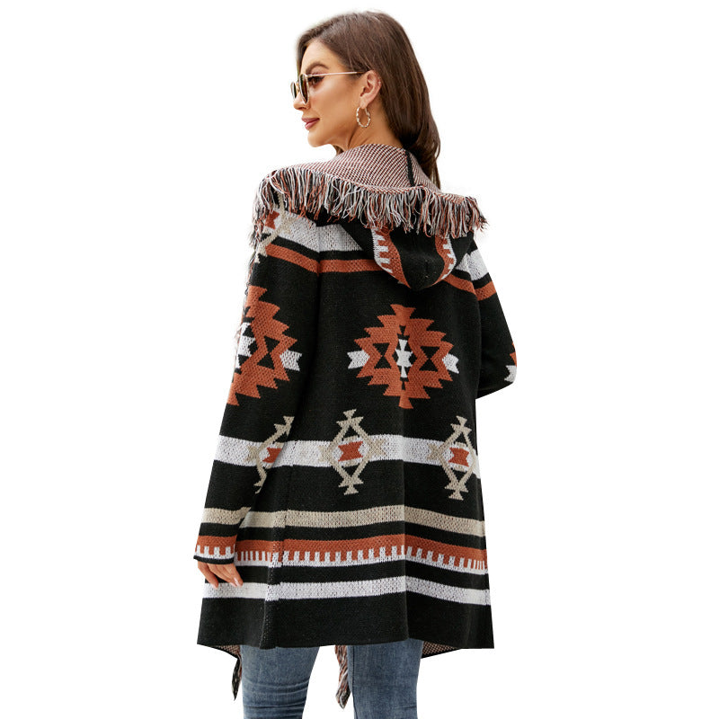 Women's Tassel Hooded Sweater Long Sweater Coat