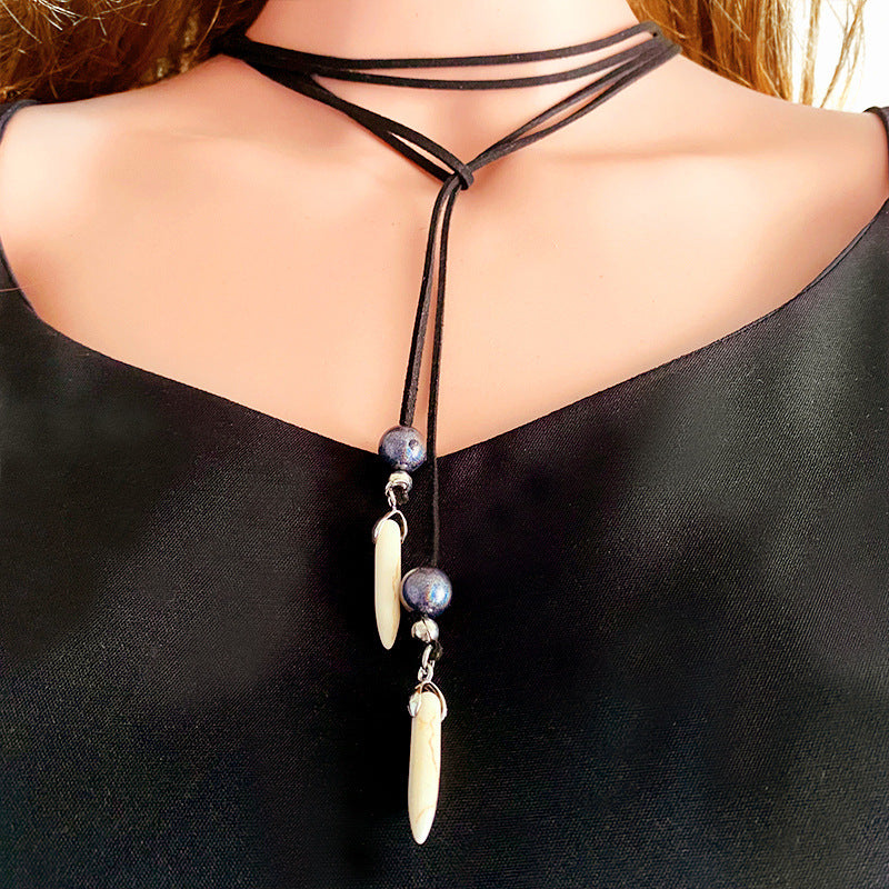 Woman Western Cowboy Turquoise Pearl Pendant Leather Cord Necklace