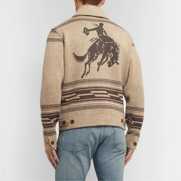 Men Retro Jacquard Lapel Cardigan Sweater