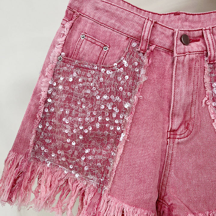 Women's Denim Sequined Fringed Shorts
