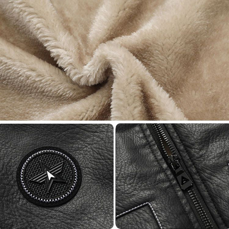 Men's Leather Lapel Plush Pocket Jacket