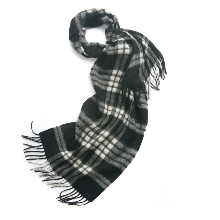 Unisex 100% Cashmere Winter Plaid Fringed Scarf