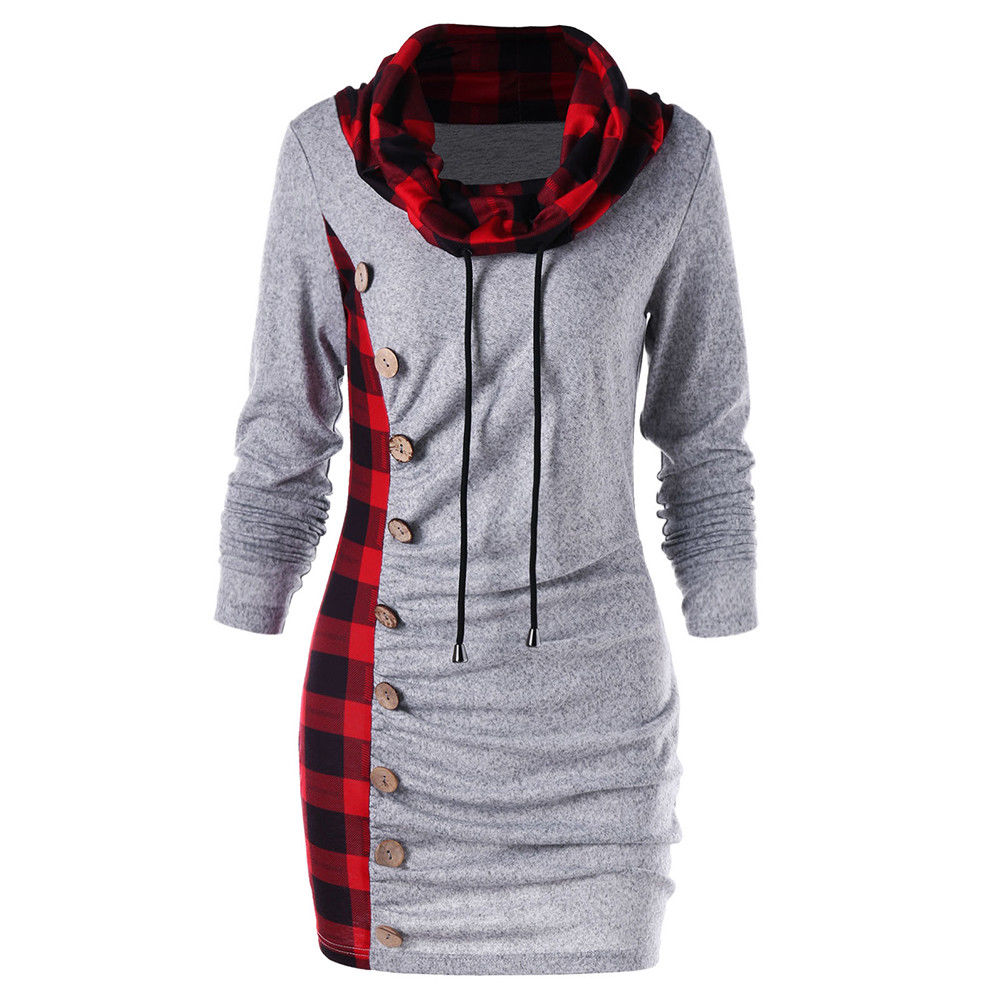 High-Neck Slim Plaid cCasual Dress Top