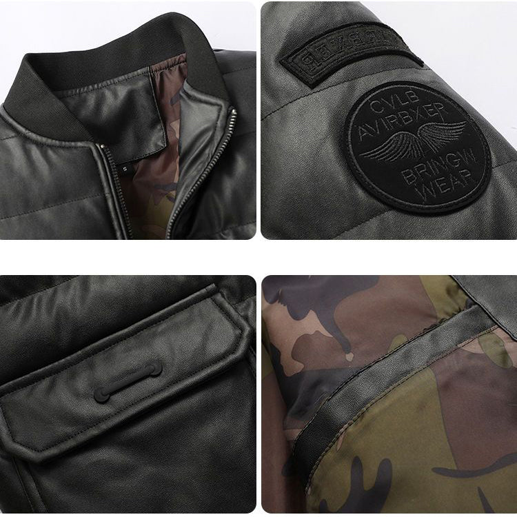 Men's PU Leather Stand Collar Winter Jacket