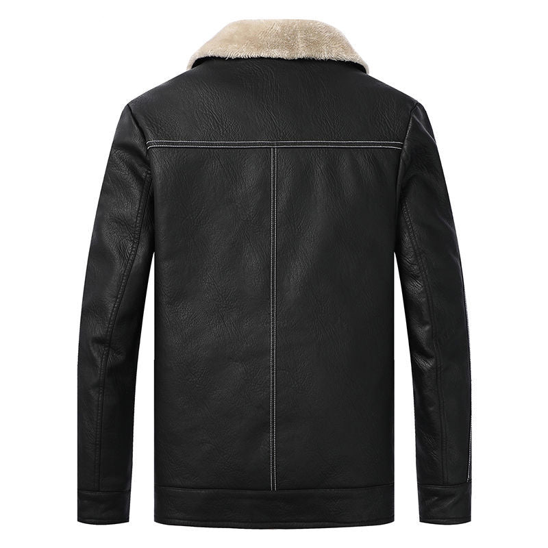 Men's Leather Lapel Plush Pocket Jacket