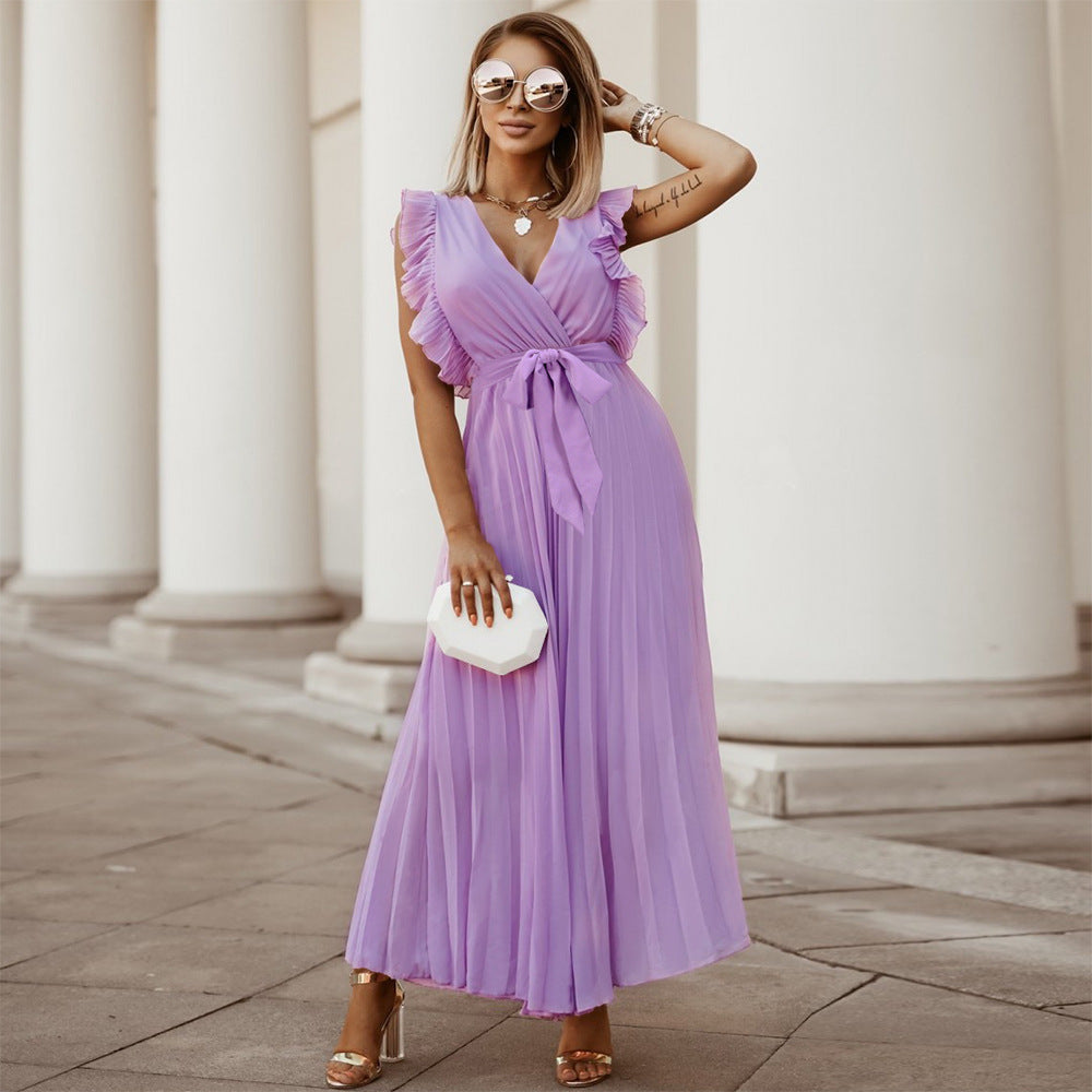 Chiffon Pleated Skirt Solid Color Dress
