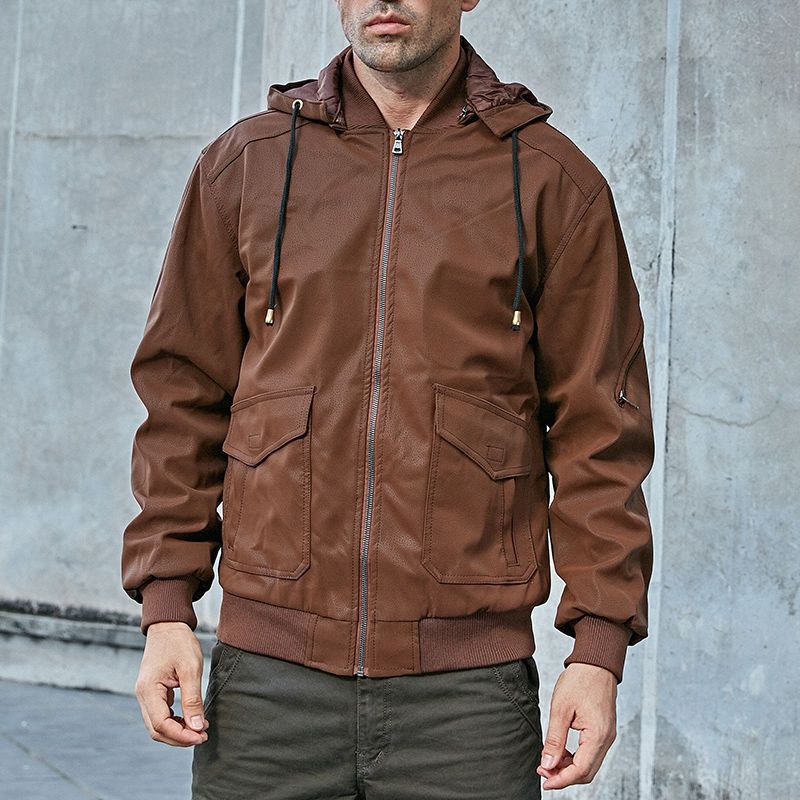 Men's Lined Plush Hooded Leather Jacket