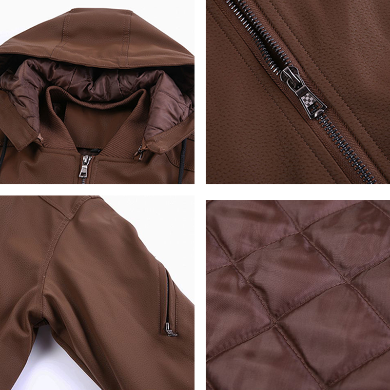 Men's Lined Plush Hooded Leather Jacket