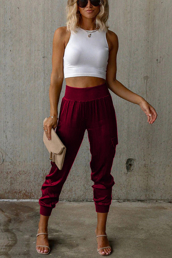 Women's Satin High Waist Pocket Jogging Pants