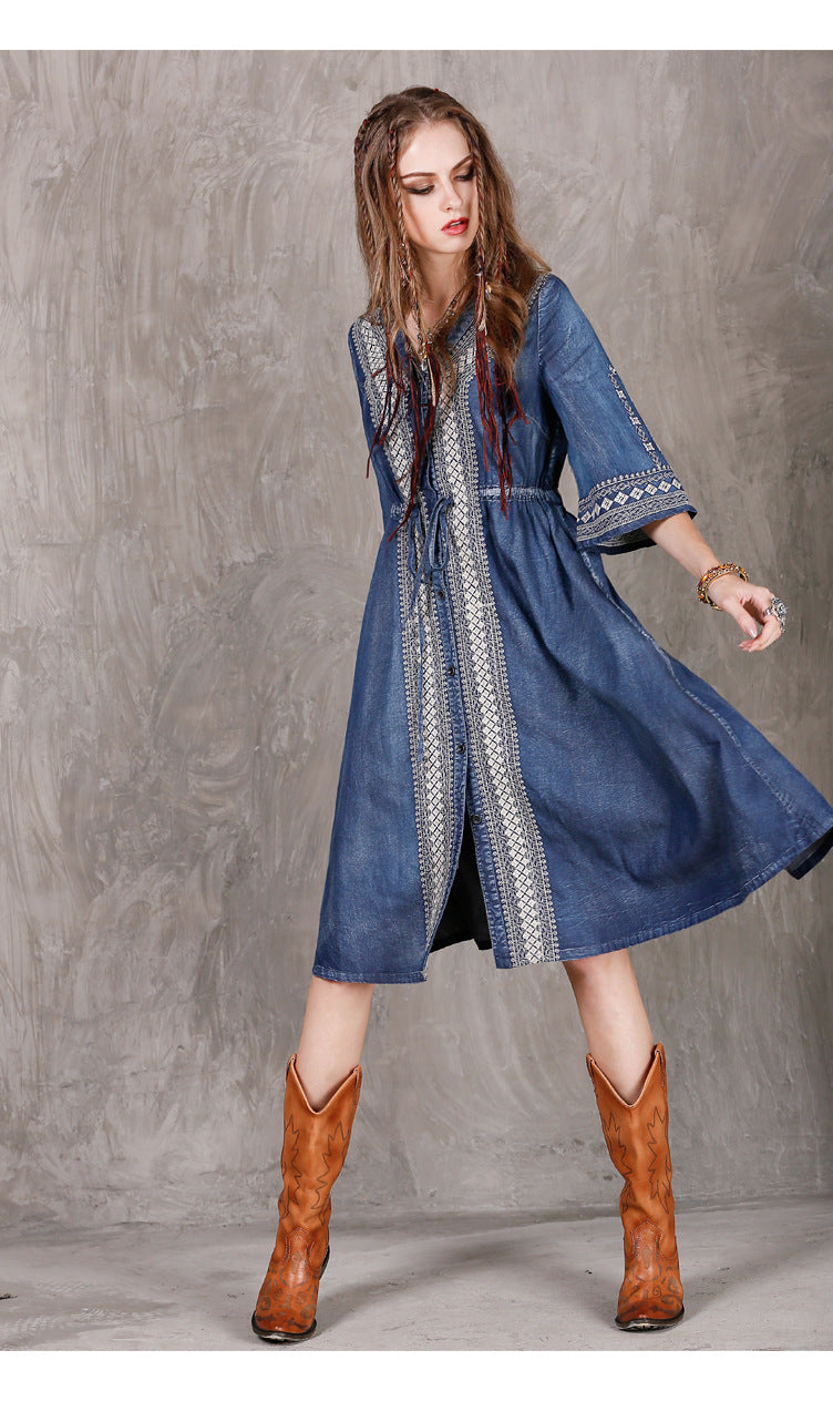 Women Western Denim Embroidery High Quality Dress