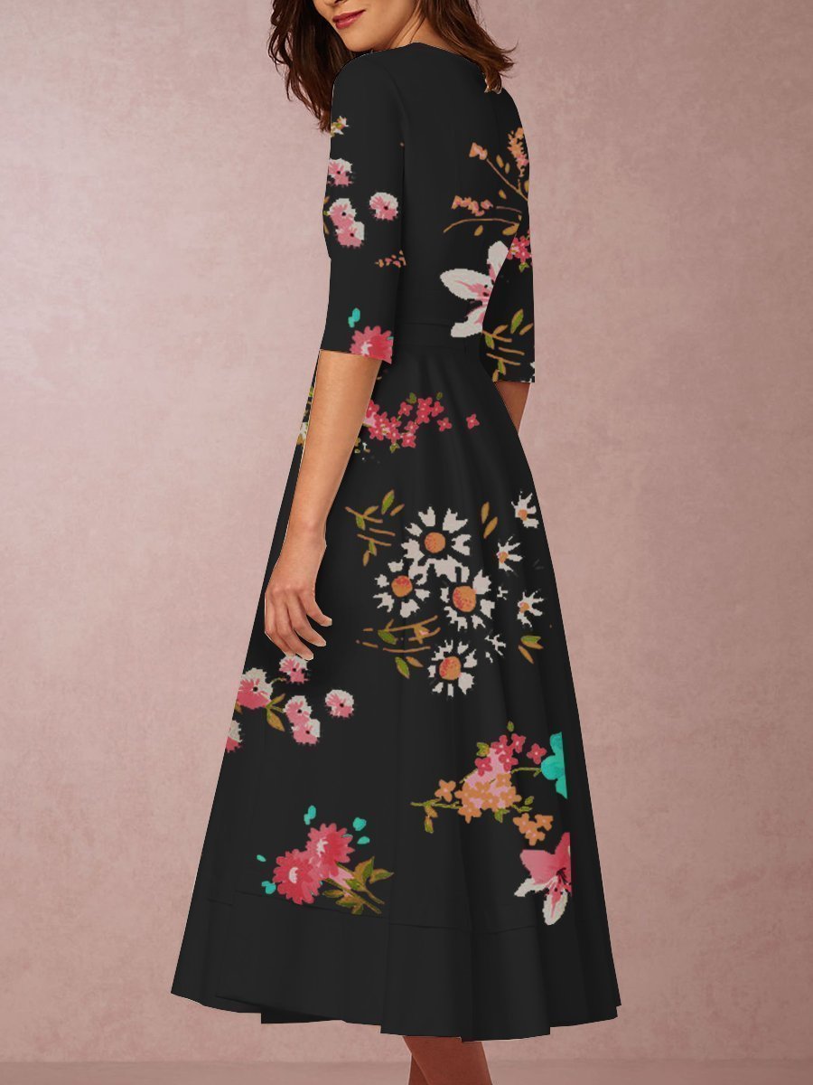 Women's Floral Print Short Sleeve V Neck Dress