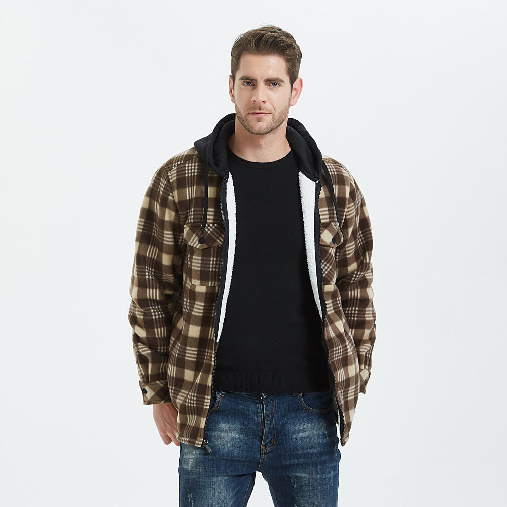 Hooded Plaid Flannel Shirt Jacket Sherpa Lined Jacket For Men