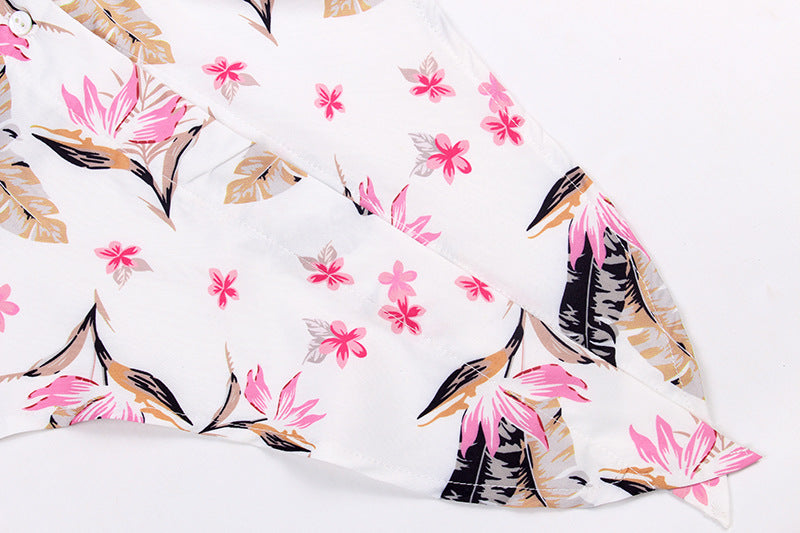 Summer Holiday Plants Lapel Button Pocket Half Sleeve Loose Blouse