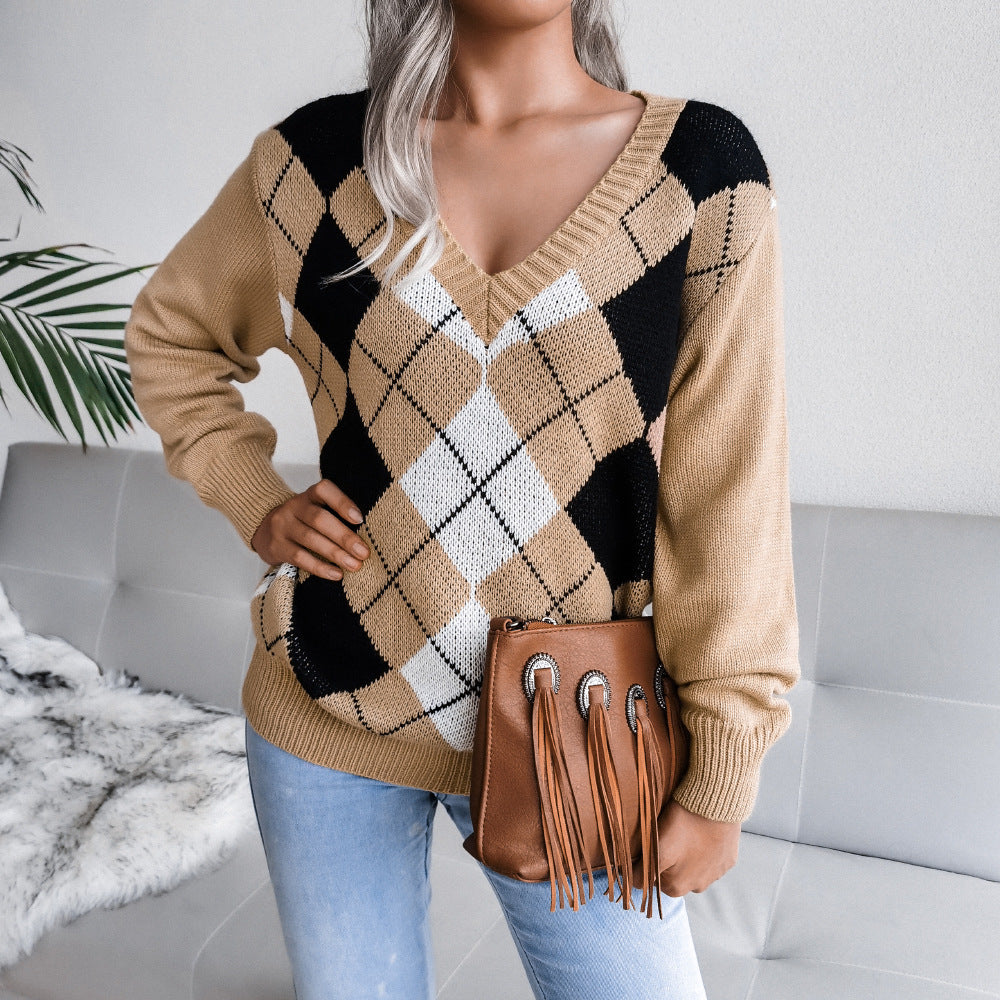 Casual Long Sleeve Plaid Sweater For Women