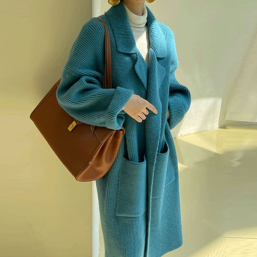 Ladies Lapel Long Loose Knit Cardigan Jacket