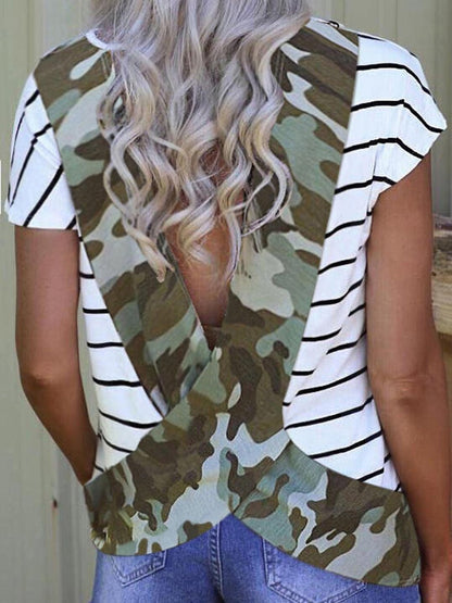 Cross Leopard/Camouflage Printed Open Back Striped Blouse