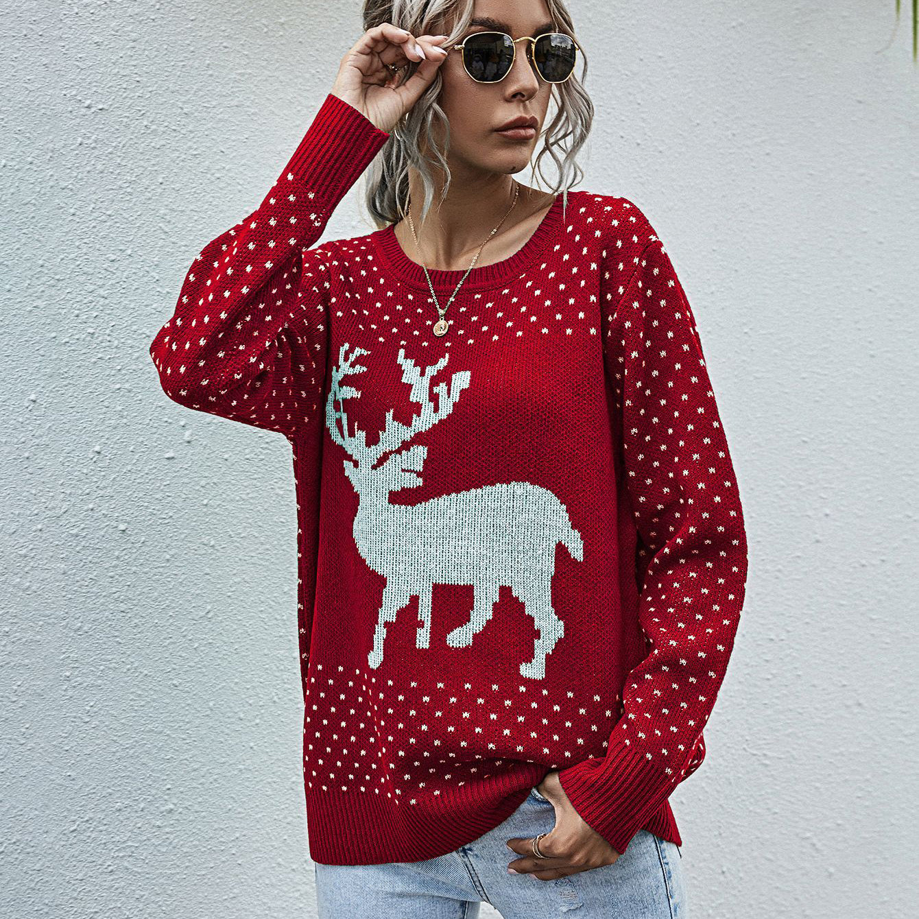 Women's Christmas White Reindeer Snowflake Sweater
