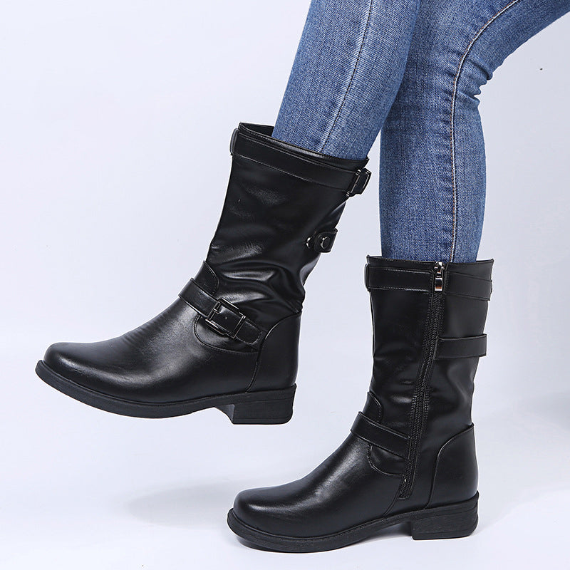 Women's Leather Zip Casual Mid Boots