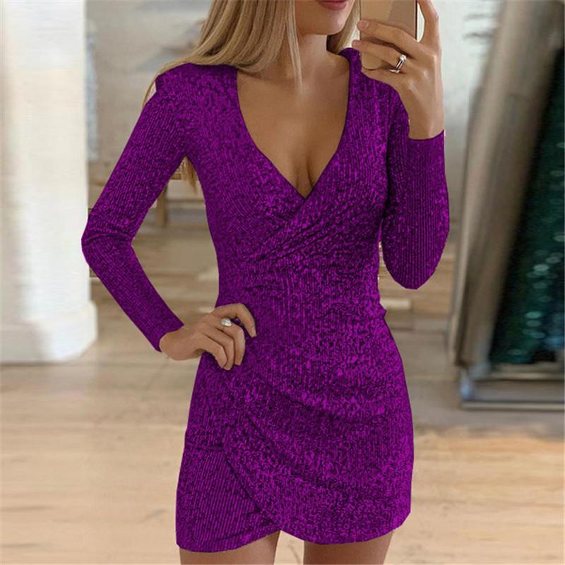 Women's Sequin Deep V-neck Long Sleeve Bodycon Dress